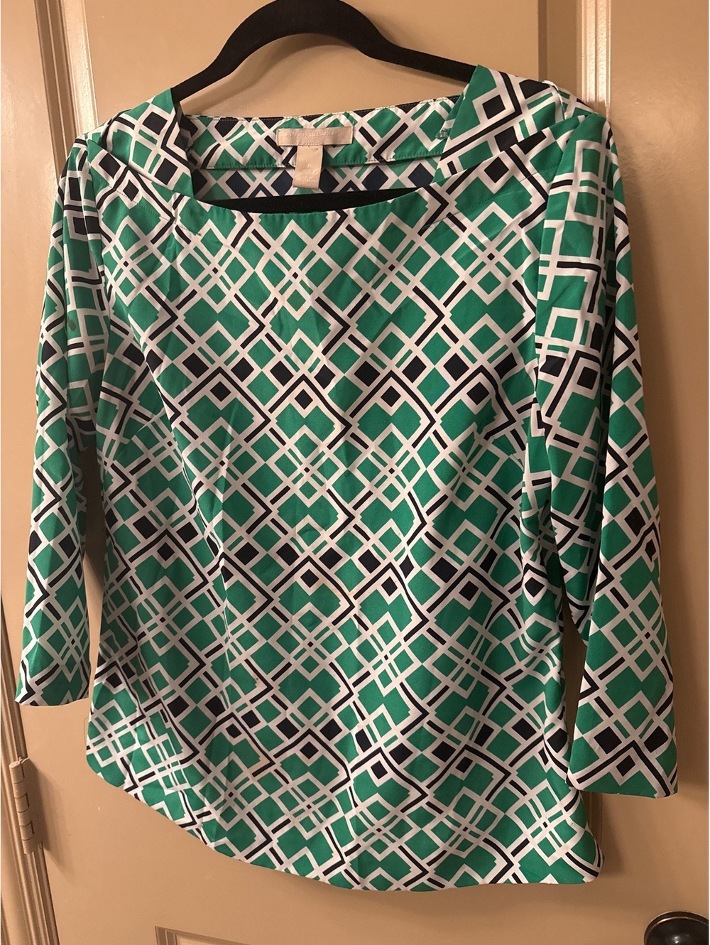 Banana Republic Green and White Geometric Pattern 3/4 Sleeve Blouse, Size S